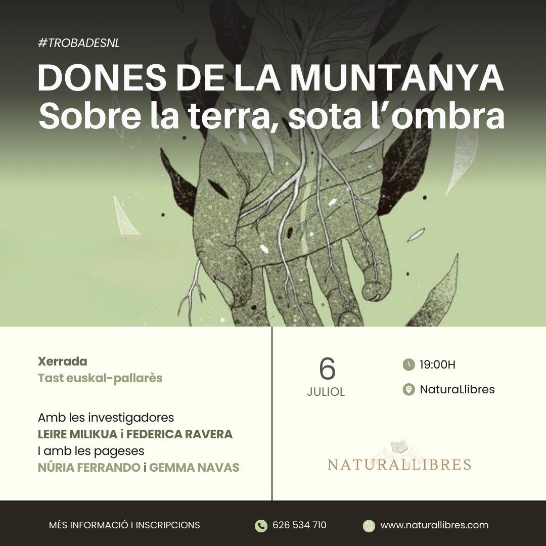 👩‍🌾DONES DE LA MUNTANYA: Sobre la terra, sota l’ombra
🧀🍵Xerrada + Tast euskal-pallarès
🌸Amb les investigadores <a href="/LeireMilikua/">Leire Milikua Larramendi</a> i @federica_ravera, i amb les pageses  Núria Ferrando i Gemma Navas
🗓️Dissabte 6 de juliol a les 19:00h a #NaturaLlibres
📝naturallibres.com/event/trobades…