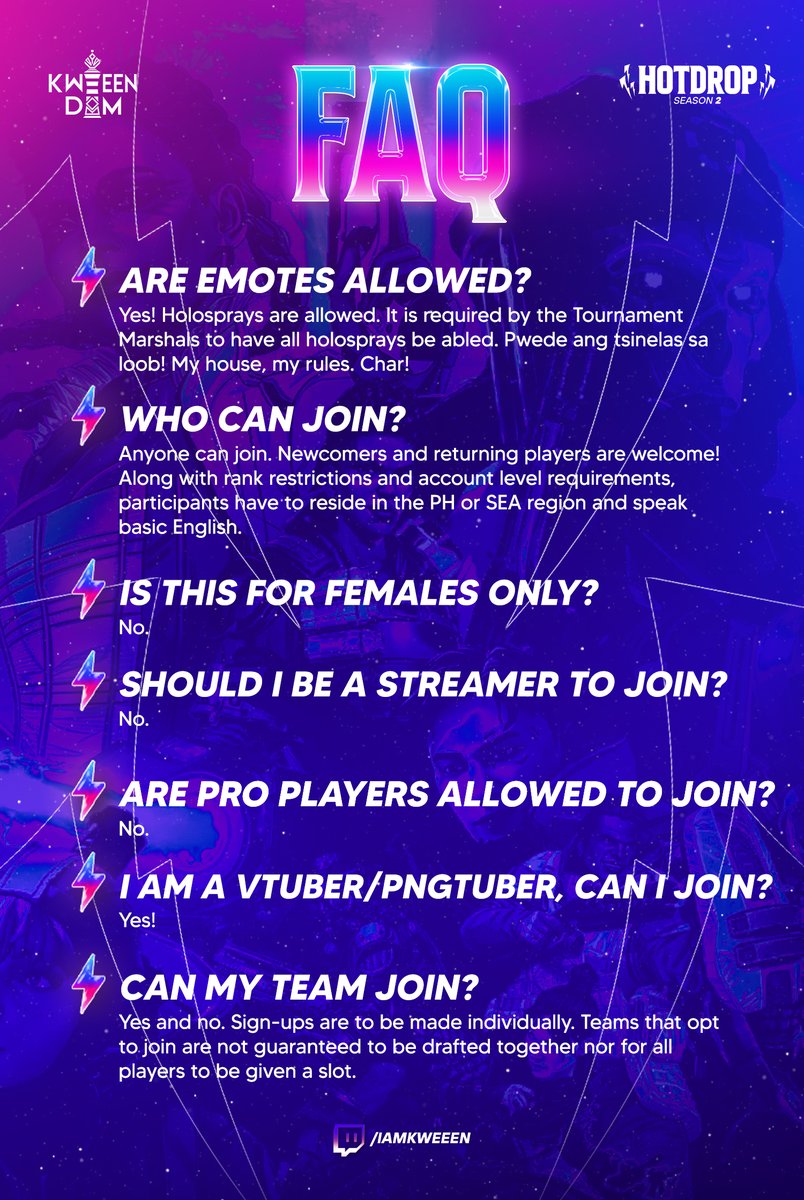 iamKweeen's tweet photo. REGISTRATION IS NOW OFFICIALLY OPEN!

Sign up now and test your mettle against the best of the best! Tag your rivals, your squad, and your desired winner!

https://t.co/v6RnHw87k7

see FAQ below #KWEEENDOM