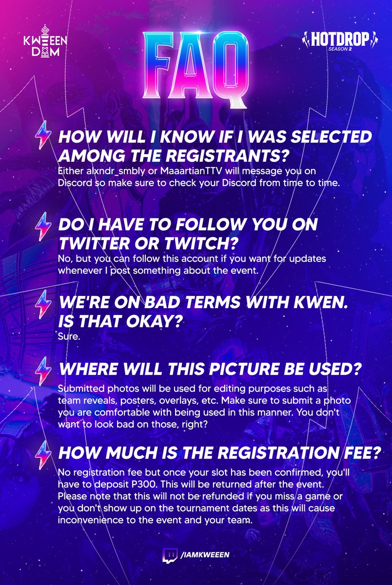 REGISTRATION IS NOW OFFICIALLY OPEN!

Sign up now and test your mettle against the best of the best! Tag your rivals, your squad, and your desired winner!

tinyurl.com/HOTDROP-S2

see FAQ below #KWEEENDOM