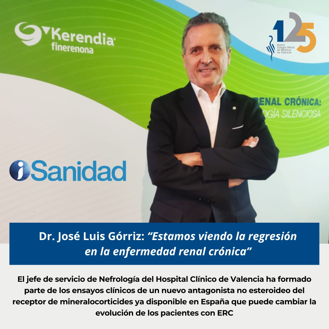 IICOMV's tweet photo. 👨‍⚕️ @jlgorriz: “𝗘𝘀𝘁𝗮𝗺𝗼𝘀 𝘃𝗶𝗲𝗻𝗱𝗼 𝗹𝗮 𝗿𝗲𝗴𝗿𝗲𝘀𝗶ó𝗻 𝗲𝗻 𝗹𝗮 𝗲𝗻𝗳𝗲𝗿𝗺𝗲𝗱𝗮𝗱 𝗿𝗲𝗻𝗮𝗹 𝗰𝗿ó𝗻𝗶𝗰𝗮”

🏥 🚑 El jefe de servicio de Nefrología del @GVAclinic y presidente de la @SVNefro ha formado parte de los ensayos clínicos de un nuevo antagonista no esteroideo del receptor de mineralocorticides ya disponible en España que puede cambiar la evolución de los pacientes con ERC.

📰 @isanidad 

🌐 Puedes leer la entrevista en: https://t.co/arxlQNZUVj