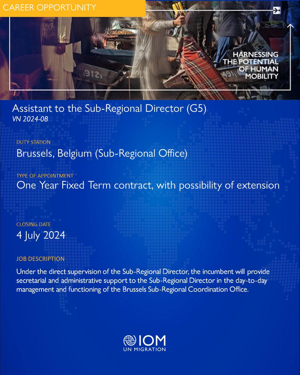 📢 Job Alert ‼️

IOM is looking for an #assistant to provide secretarial and administrative support to the Sub-Regional Director in the daily management and functioning of the #Brussels Sub-Regional Coordination Office.

🗓️ Deadline: 4 July 2024
👉 Info: tinyurl.com/ycxk4wtd
