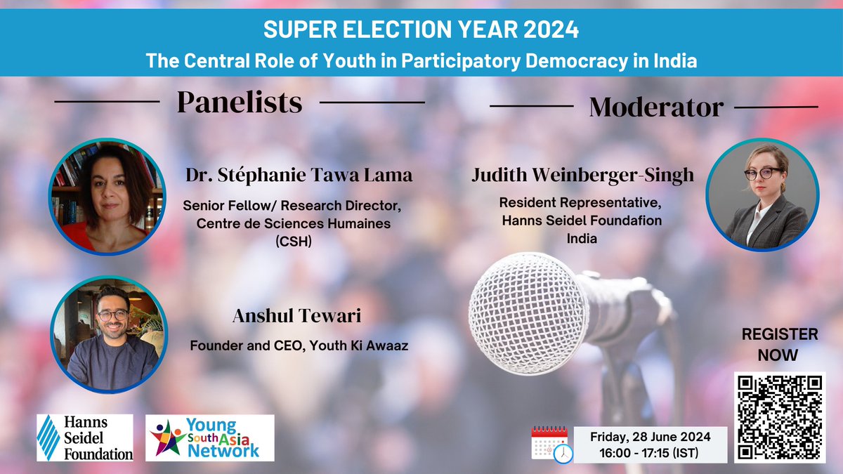 📢👩‍🎓👨‍🎓 How can we foster meaningful participation of youth in political and democratic spaces? Join us for an interactive discussion with experts on ‘The Central Role of Youth in Participatory Democracy in India’.
🗓️ June 28th, 2024
🕒16:00 -17:15 (IST)

👉bit.ly/3KYwMyg
