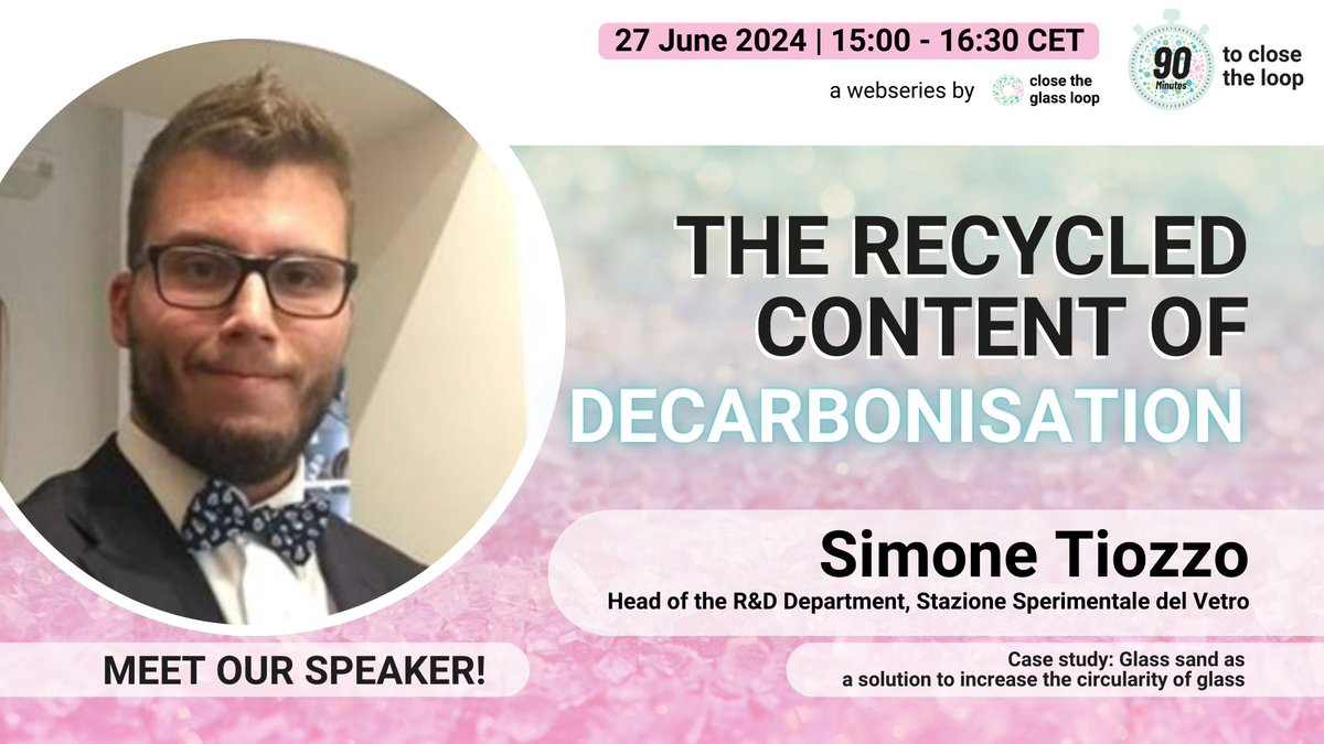 In the next #90MinutesCGL, we'll be hearing a case study from Simone Tiozzo, Head of the R&amp;D Department at Stazione Sperimentale del Vetro scpa on how glass sand can help to boost the uptake of recycled content for glass manufacturing.

Register here 👉 shorturl.at/7mWsT