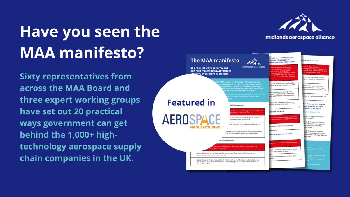The recently-published MAA manifesto has been featured in Aerospace Manufacturing magazine. The article outlines the 20 practical ways government can get behind the 1,000+ high-technology #aerospace supply chain companies in the UK.

Read the article here: aero-mag.com/the-maa-manife…