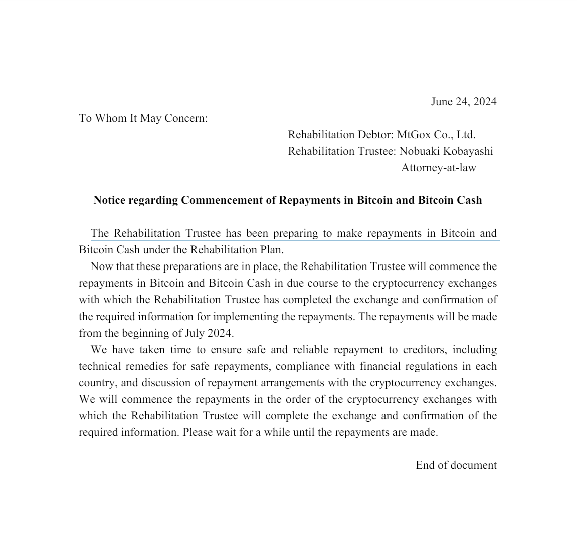 AiCoinzh's tweet photo. Mt.Gox 受託人準備以 #BTC 與 #BCH 償還債務。

偿还将于2024年 7月初开始。

受託人已與交易所完成了償還所需信息的交換和確認，將按照受託人與交易所完成所需信息的交換和確認的順序開始償還債務。