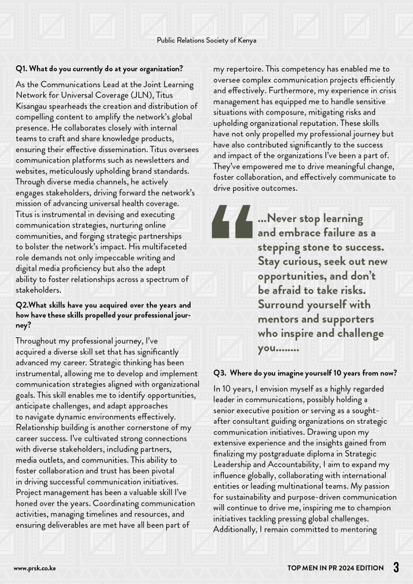 PRSK (@prskkenya) on Twitter photo Join us in celebrating <a href="/titoskills/">Titus Kisangau</a>, Communications Lead, Joint Learning Network for Universal Health Coverage (JLN). Titus shares his journey and expertise in strategic communication. From policy advocacy to impactful storytelling, discover global change.
#TopMenInPR #Excellence Join us in celebrating <a href="/titoskills/">Titus Kisangau</a>, Communications Lead, Joint Learning Network for Universal Health Coverage (JLN). Titus shares his journey and expertise in strategic communication. From policy advocacy to impactful storytelling, discover global change.
#TopMenInPR #Excellence