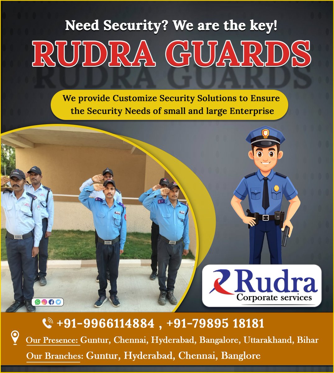 rudra_corporate's tweet image. 𝐍𝐞𝐞𝐝 𝐒𝐞𝐜𝐮𝐫𝐢𝐭𝐲? 𝐖𝐞 𝐚𝐫𝐞 𝐭𝐡𝐞 𝐤𝐞𝐲! 𝐑𝐔𝐃𝐑𝐀 𝐆𝐔𝐀𝐑𝐃𝐒
𝕮𝖆𝖑𝖑:- +91-7989518181,+91-9966114884
🌐: rudracorporates.com
#securityservices #24HoursSurveillance #accesscontrolsolutions #SecurityGuards   #bodyguard #rudracorporate #rudracorporateservices
