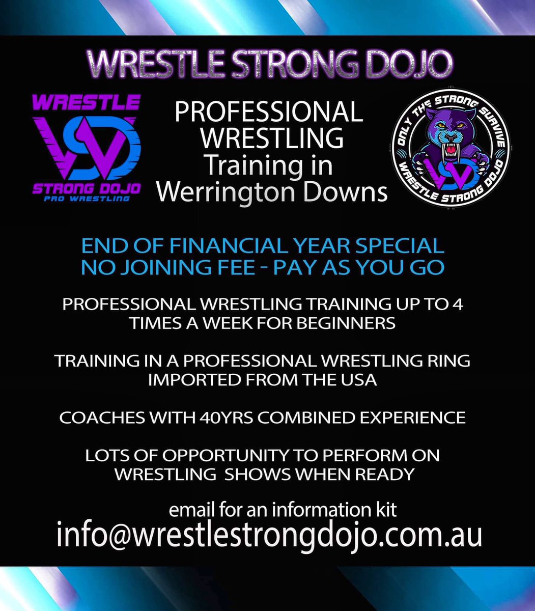 Wrestle Strong Dojo is currently taking new students. If you wish to train to become a pro wrestler expand your current knowledge to get more opportunities the dojo is offering a end of financial year NO SIGN UP FEES special. info@wrestlestrongdojo.com.au