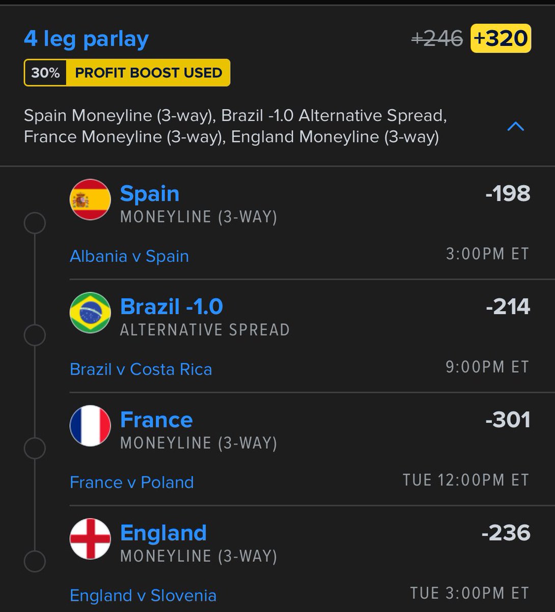 Cappernapper's tweet image. Euro/Copa America Parlay +246

Spain ML
Brasil -1
France ML
England ML

#euro #CopaAmèrica #fanduelboosts