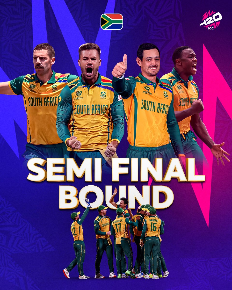 T20WorldCup's tweet photo. South Africa are through to the semi-finals following an edge-of-your-seat thriller 😲

#T20WorldCup | #WIvSA https://t.co/XZD0X7P7To