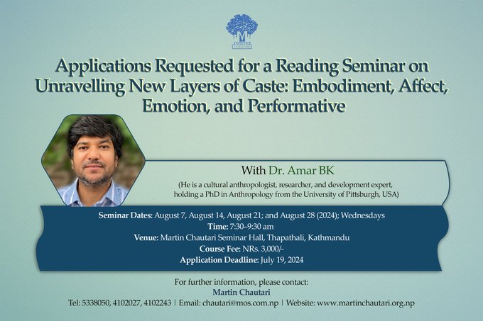 Call for Applications:

Reading Seminar on "Unravelling New Layers of Caste: Embodiment, Affect, Emotion, and Performative" 
With Dr. Amar BK

Application deadline: July 19, 2024

For the course details and online application: shorturl.at/C9ZxR