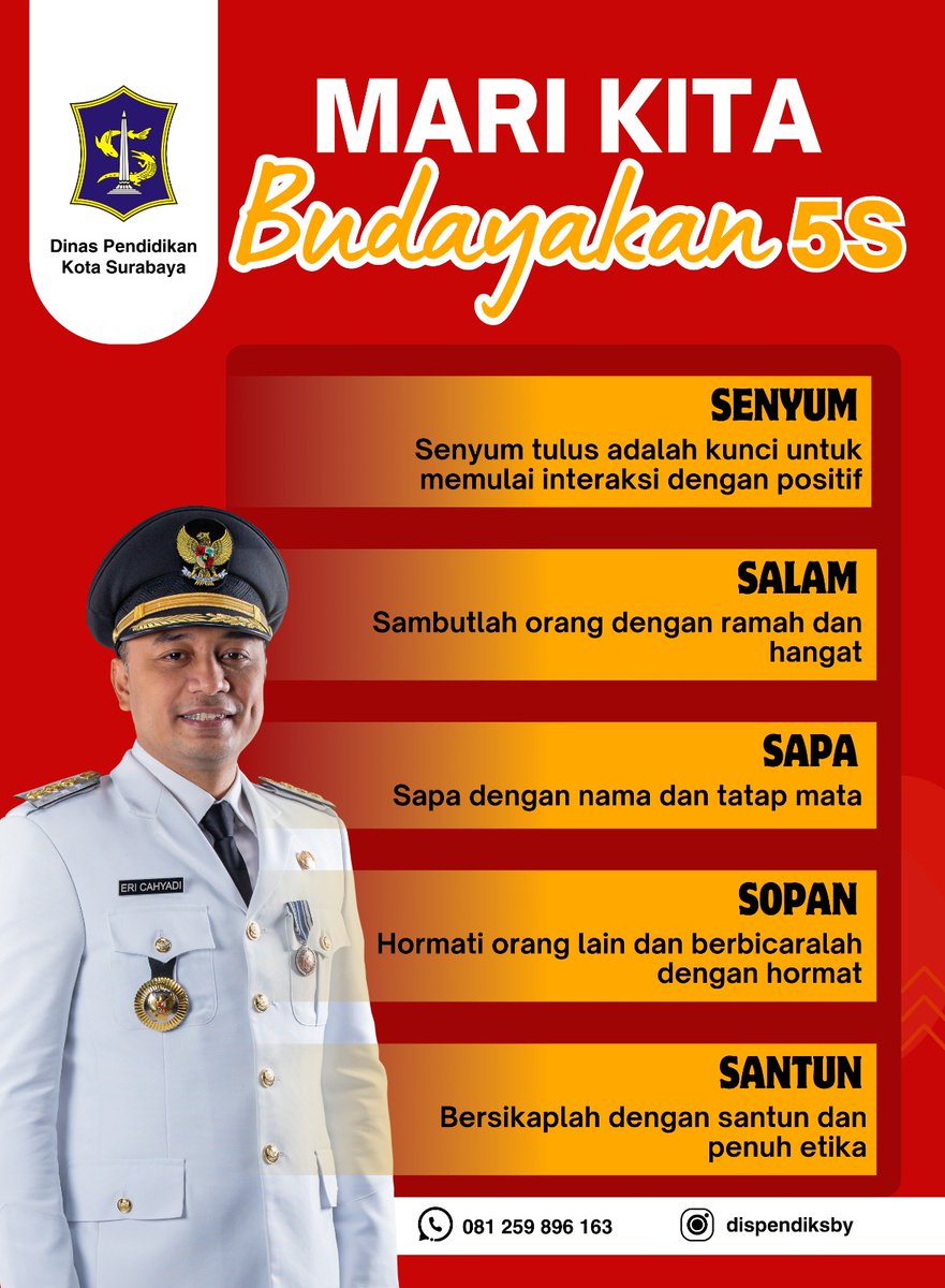 Mari kita budayakan 5S: Senyum, Salam, Sapa, Sopan, dan Santun.

#dispendiksby #sapawargasby