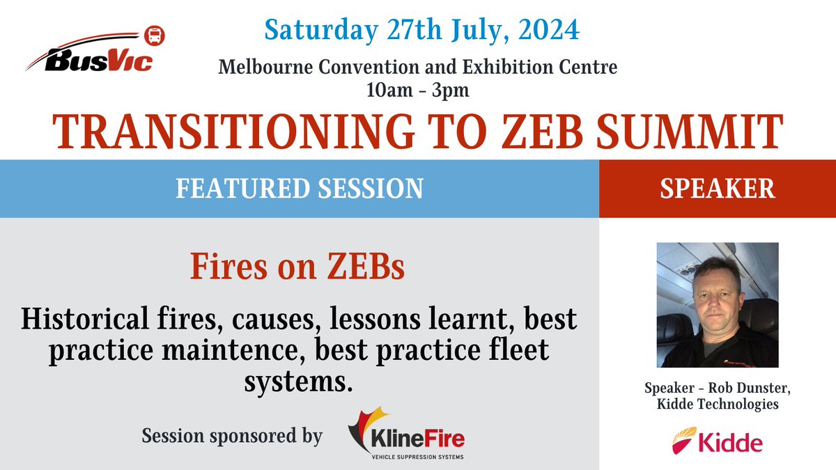 Only 5 weeks to the Transitioning to ZEB Summit!

This session will examine new hazards faced by ZEBs, various approaches &amp; recent research into reducing risks, and the challenges with fires on ZEB's.

Details &amp; registration busvic.asn.au/node/16184

#ZEB #BusVic #ZeroEmissions