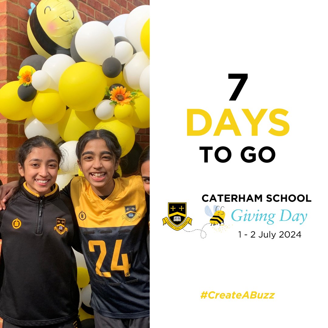 CaterhamPrep's tweet image. One week to go until the Caterham School Giving Day! 

So get ready to #CreateABuzz this Giving Day!

caterhamgivingday.givingday.co.uk/giving-day/1656