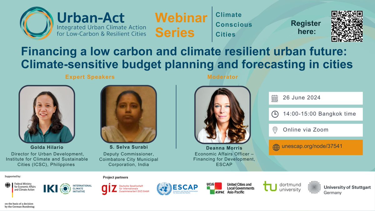 Join #UrbanAct webinar to learn how cities have integrated climate risks and action into their budgets, ensuring that a low carbon future is adequately resourced and funded.

✍️ Register: buff.ly/3RB9sL3

@BMWK <a href="/iki_germany/">IKI Germany</a> <a href="/giz_gmbh/">GIZ</a> <a href="/uclgaspac/">UCLG ASPAC</a> <a href="/TU_Dortmund/">TU Dortmund</a> @uni_stuttgart