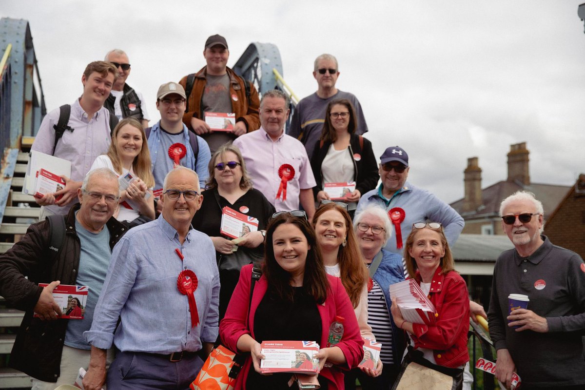 SpelthorneLabPy's tweet photo. Huge team out over the weekend in Staines. Lots of positive doorstep conversations. So many Tory voters switching to Labour after 14 years of chaos. 
#Spelthorne
#VoteLabour https://t.co/q2I2SWOwIi