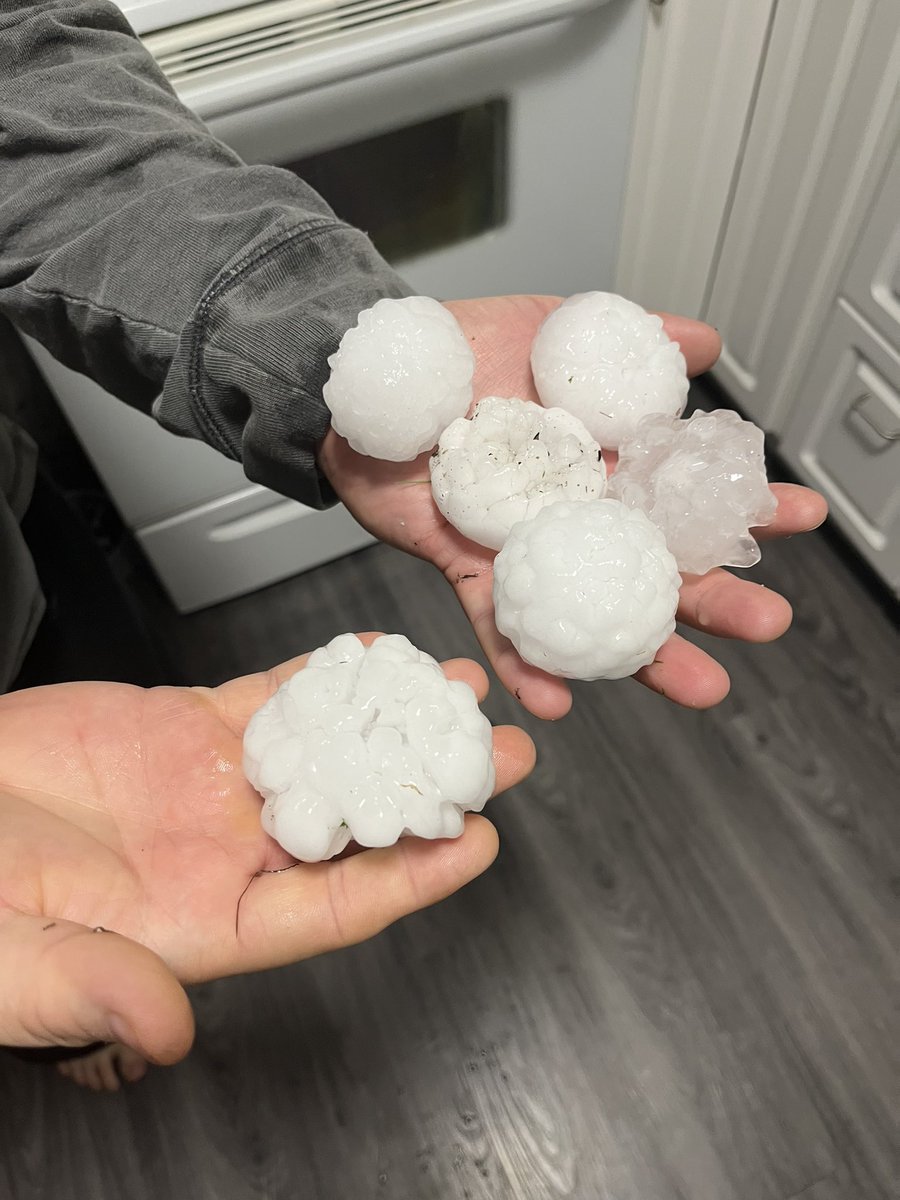 bcuzthenight's tweet photo. Watching the storm from our living room in Estevan and suddenly these started raining down.  I’ve never seen hail like this in my life. #skstorm https://t.co/bUq4OrV1oq