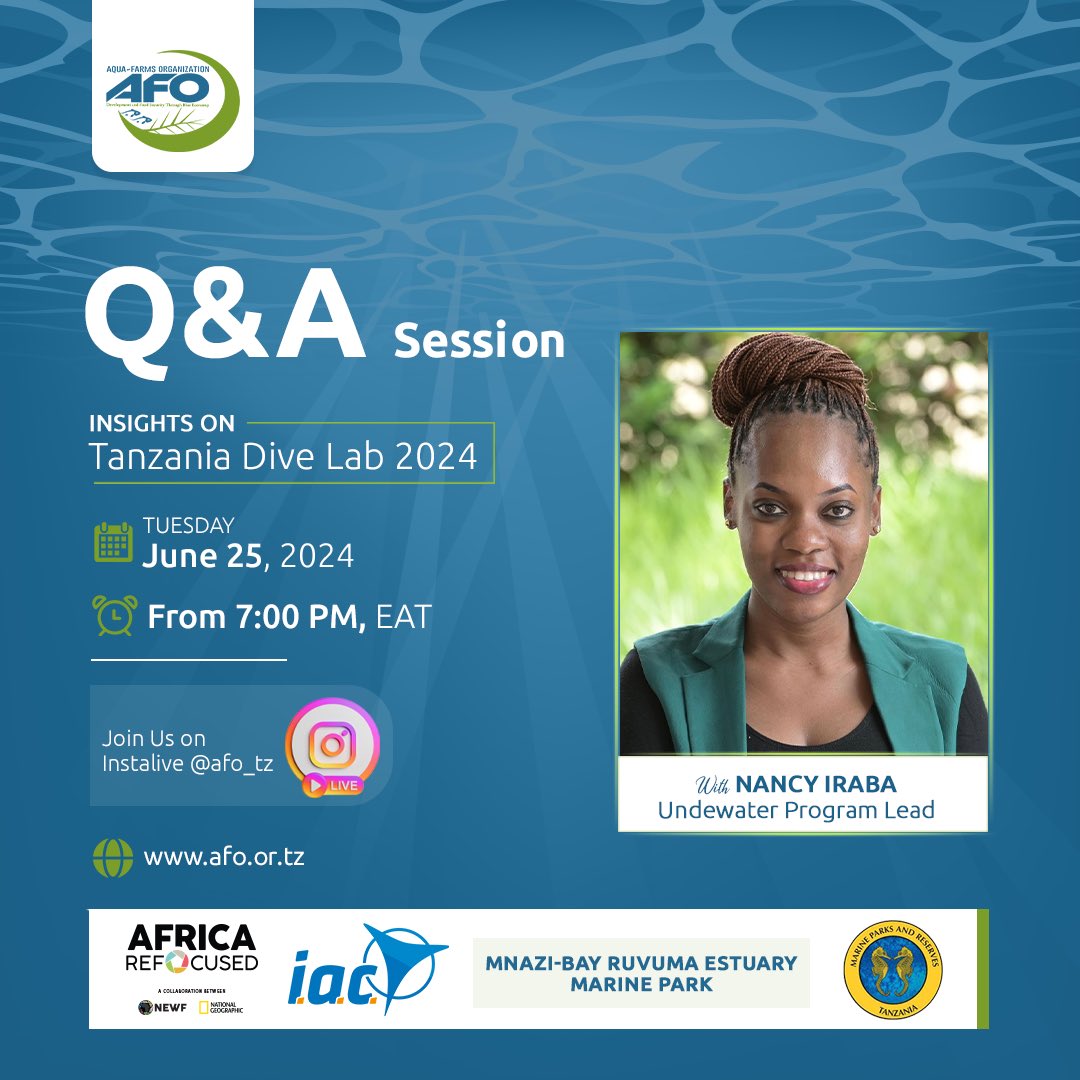 You’ve called and we’ve answered 
📲
All the questions you had about the Tanzania dive lab 2024 will now be answered on a live Q&amp;A session with the Underwater Program Lead <a href="/NancyIraba/">Nancy Iraba</a> on Tuesday, June 25, 2024, at 7:00 PM EAT on Instagram Live instagram.com/afo_tz?igsh=dn…