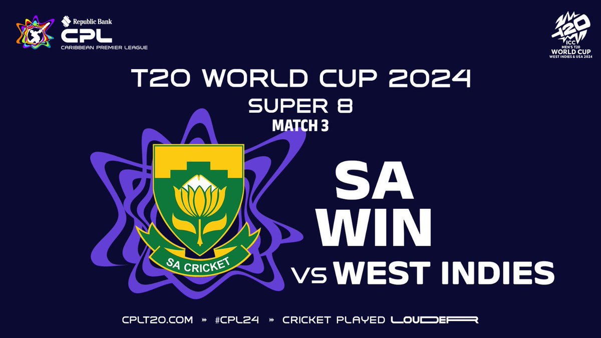 CPL's tweet photo. South Africa πΏπ¦ takes this clash by 3οΈβ£ wickets over the West Indies π΄
#WIReady #T20WorldCup #WIvSA #CPL24 #CricketPlayedLouder #BiggestPartyInSport https://t.co/3JtlU9tpBe