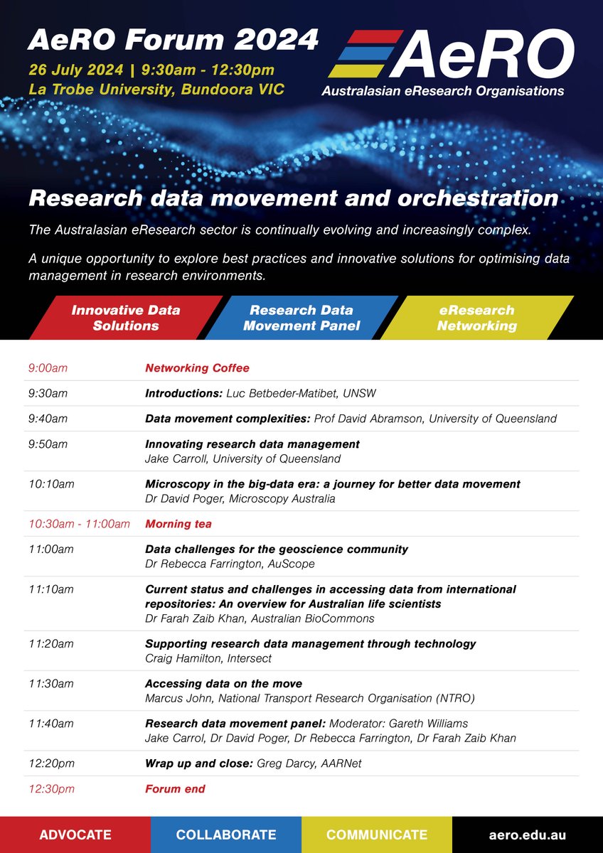 Learn about innovative data solutions @ @AeRO_eResearch Forum 2024, 26 July <a href="/latrobe/">La Trobe University</a> Bundoora!

Explore best practices + solutions for optimising #research #DataManagement w @CAUDITinc <a href="/UQ_News/">UQ News</a> <a href="/AusBiocommons/">Australian BioCommons</a> <a href="/AuScope/">AuScope</a> <a href="/micro_au/">Microscopy Australia</a> <a href="/UNSW/">UNSW</a> <a href="/CSIRO/">CSIRO</a> <a href="/IntersectAust/">Intersect Australia</a>

ow.ly/AaTf50Siwvs