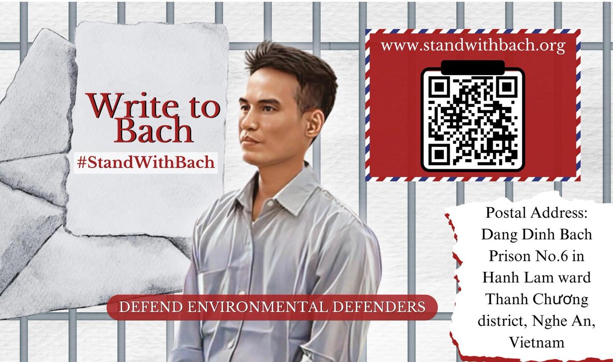 Today marks the 3rd anniversary of the wrongful arrest &amp; imprisonment of environmental lawyer &amp; #ClimateJustice advocate, Dang Dinh Bach, on trumped-up charges and under harsh conditions.
Join the global letter-writing solidarity campaign
➡️ standwithbach.org
#StandWithBach