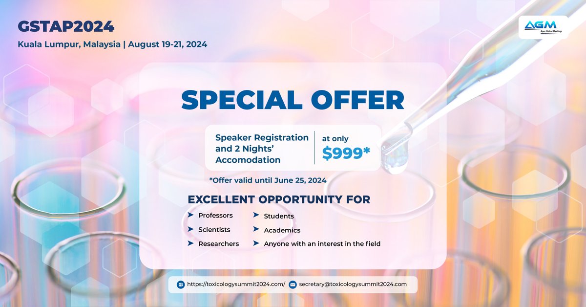 StanLee38692129's tweet photo. 🌍 Join us from August 19-21, 2024, in Kuala Lumpur, Malaysia for groundbreaking insights, networking with industry leaders, and exploring the latest advancements in toxicology and pharmacology.
For More Details: https://t.co/3NgIes9Vol
#Toxicology2024 #PharmacologySummit https://t.co/PcJgLx53jF