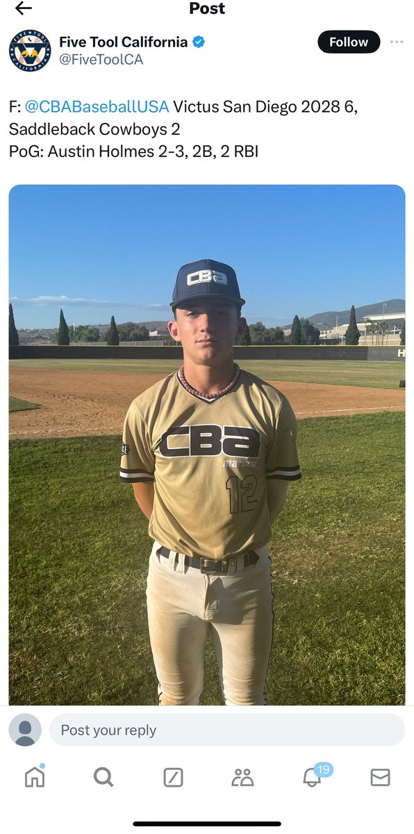 Austin Holmes (@austinholmes_ss) on Twitter photo Five Tool California player of the game. 2-3, 2B, 2 RBI. CBA Victus SD 2028 vs Saddleback Cowboys 2027. 14u playing up in 15u. #1seed <a href="/CBABaseballUSA/">CBA Baseball</a> @CBAvictusSD Five Tool California player of the game. 2-3, 2B, 2 RBI. CBA Victus SD 2028 vs Saddleback Cowboys 2027. 14u playing up in 15u. #1seed <a href="/CBABaseballUSA/">CBA Baseball</a> @CBAvictusSD