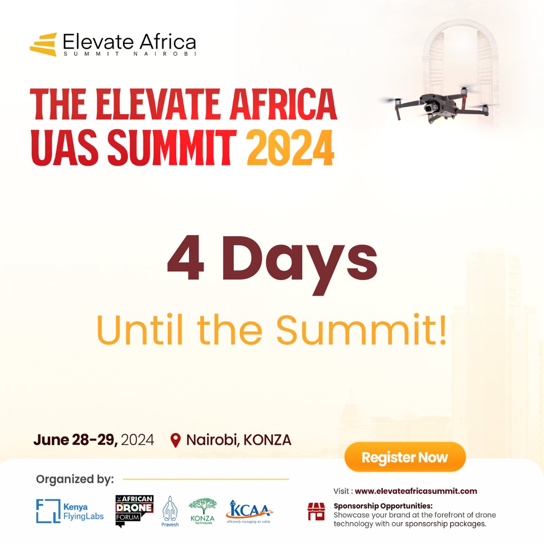 Kenyaflyinglabs's tweet photo. ONLY 4 days to go for the #ElevateAfricaSummit - a one of a kind #UAV  summit in Africa. 
This is your chance to learn, connect and network with drones experts and professionals from Kenya and across the globe. 
Register today: https://t.co/Eg3GAUrvkL https://t.co/CQROsTVVbF