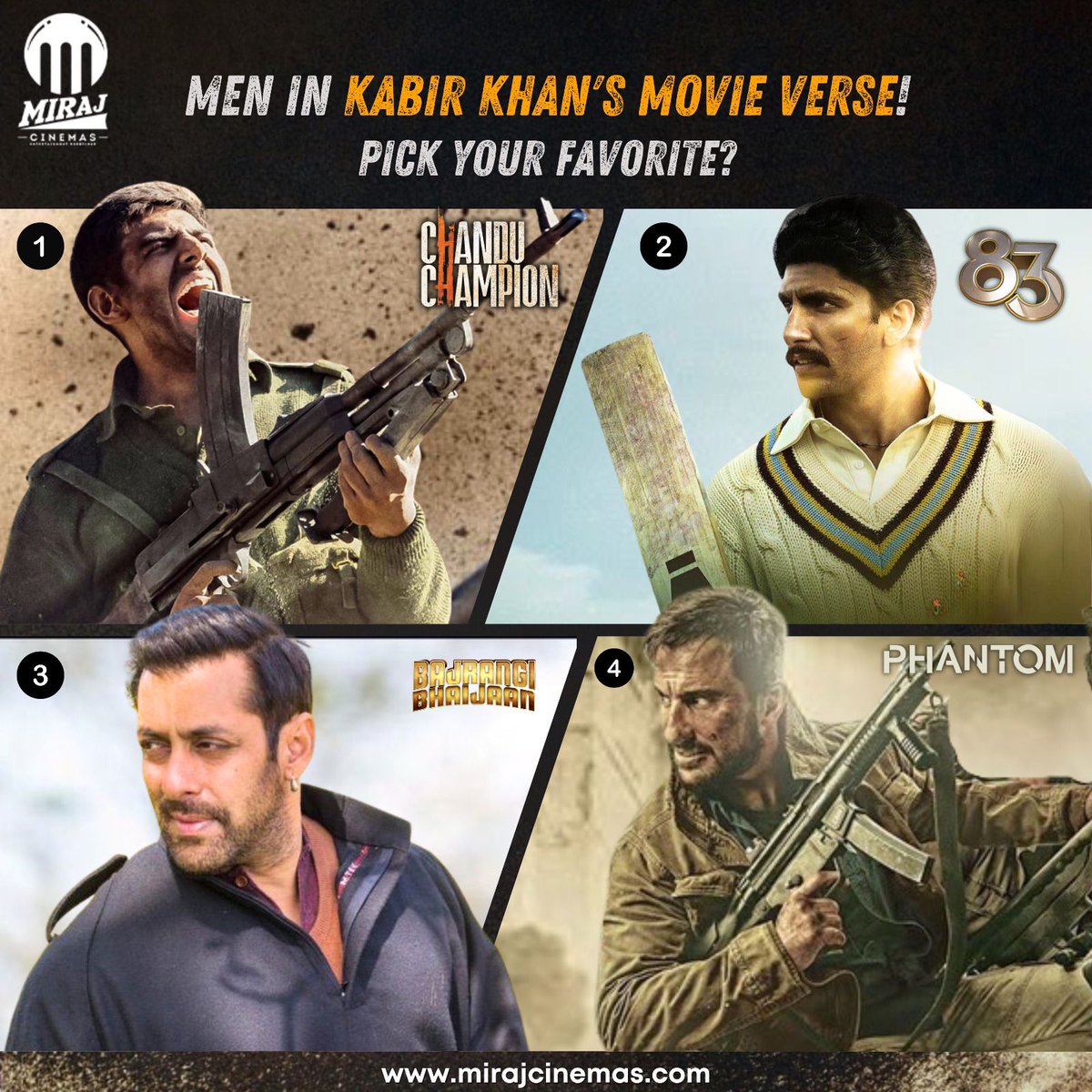 MirajCinemas's tweet photo. From heartwarming journeys to epic victories, Kabir Khan's films have given us unforgettable heroes. Who's your favorite?
1)Kartik Aaryan from #ChanduChampion
2)Ranveer Singh from #EightyThree
3)Salman Khan from #BajrangiBhaijaan
4) Saif Ali Khan from #Phantom.
Drop in the comment 👇
.
Watch #ChanduChampion at your nearest #MirajCinemas.
Book your tickets now... https://t.co/sceWDszC85
.
#KabirKhan #ChanduChampion #EightyThree #BajrangiBhaijaan #Phantom #KartikAaryan #RanveerSingh #SalmanKhan #SaifAliKhan #BollywoodMovies #KabirKhanMovieVerse