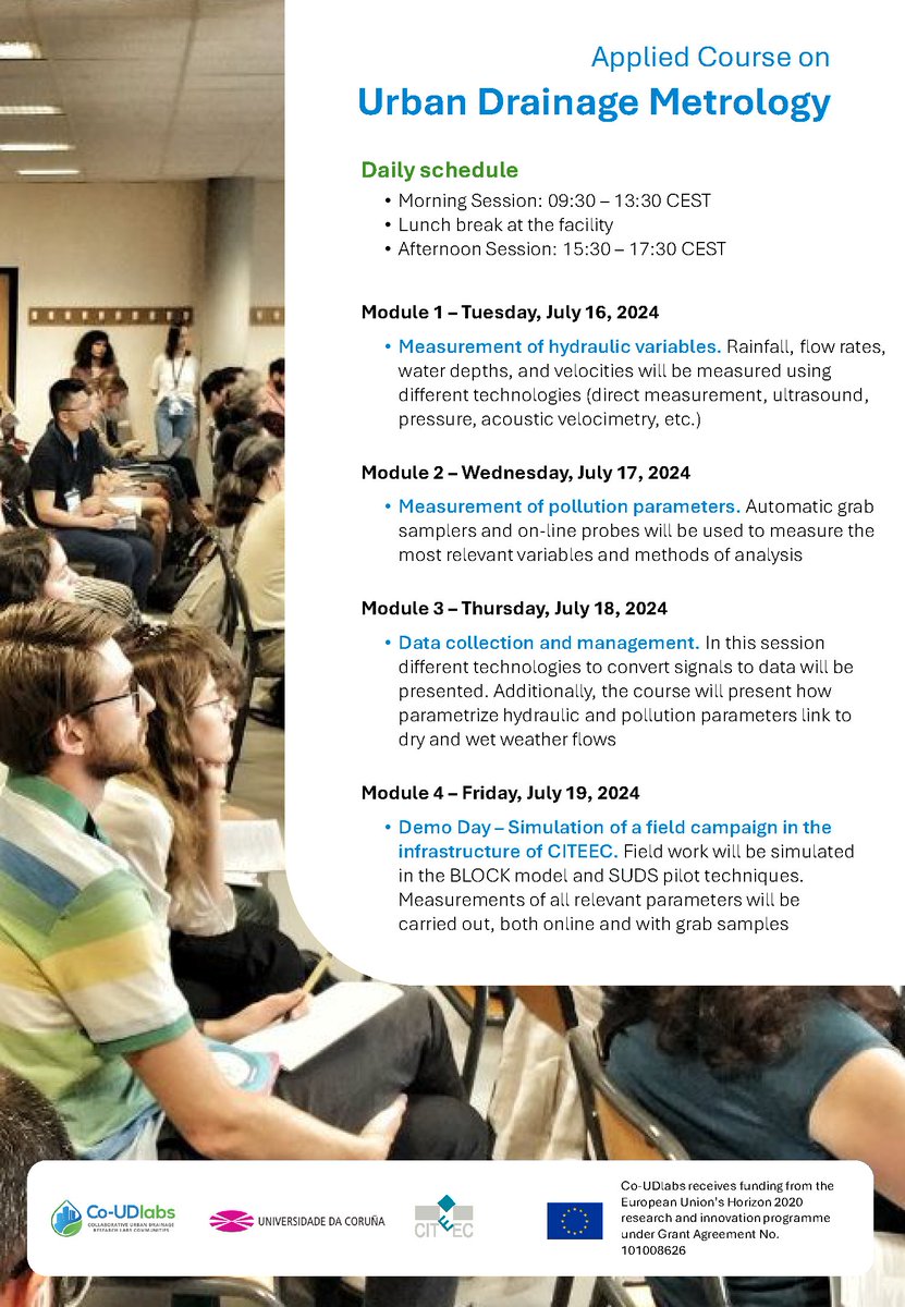 🔔 As part of the EU Green Week, Co-UDlabs is organising a free-of-charge Applied Course on #UrbanDrainage Metrology at <a href="/CITEEC_udc/">CITEEC - R&I Centre on Civil Eng and Building</a> , at the <a href="/UDC_gal/">Universidade da Coruña</a> on July 16-19, 2024!

Register now!👉 forms.office.com/Pages/Response…

#EUGreenWeek #WaterWiseEU #WaterResilience