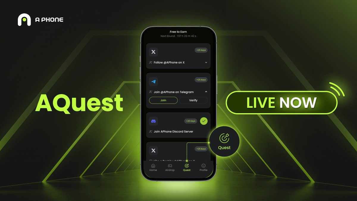 aphonelabs's tweet photo. APhone meets AQuest 💚
The newest feature of APhone, #AQuest is FINALLY here
Inside APhone, complete quests to earn prizes like:
1. APhones📱
2. Airdrops 🪂
3. USDT 💰
4. Trial Card Time Extensions and MORE 🎁
Head to https://t.co/J1tlbQXzOK and complete our first #APhone AQuest today ✅