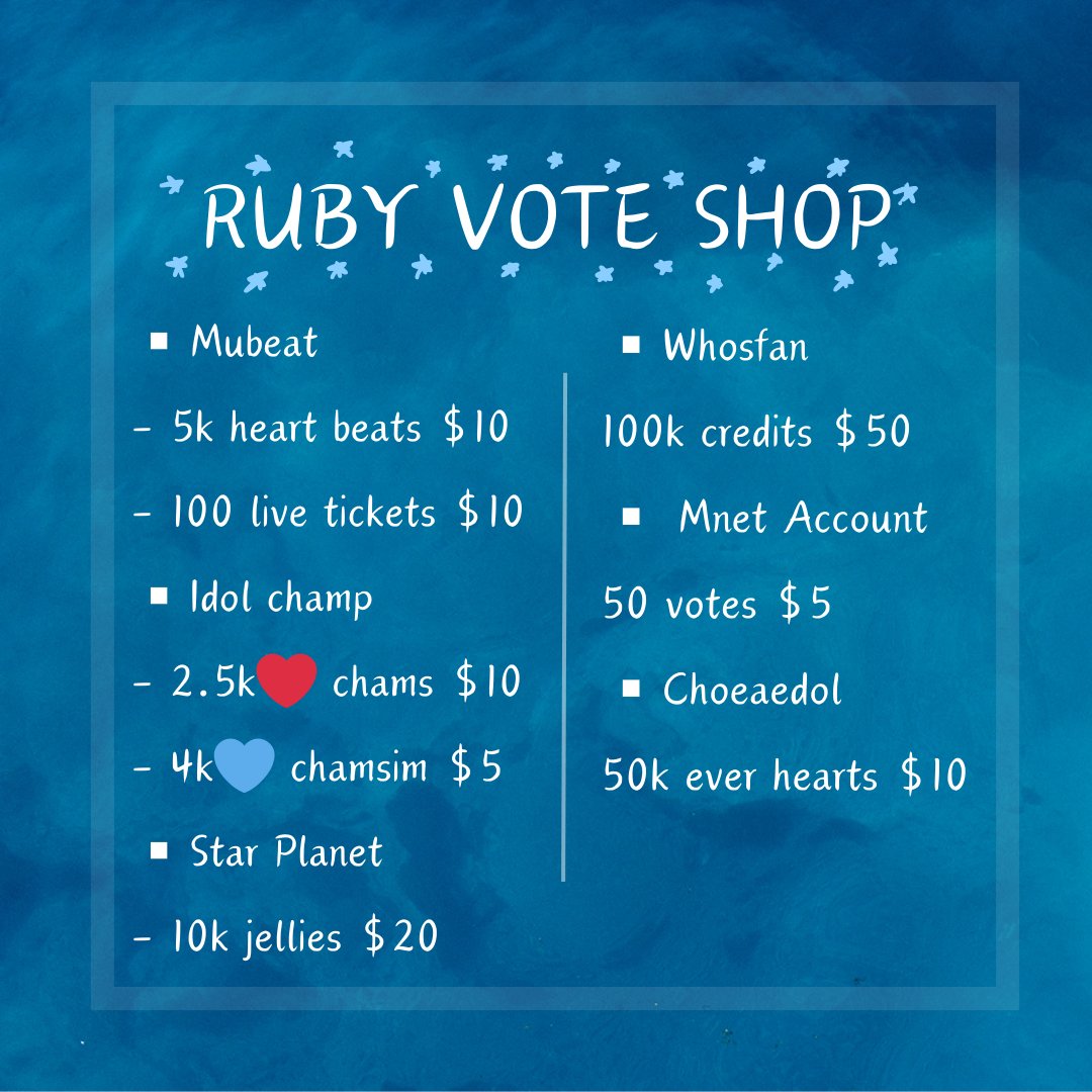 💥 RUBY KPOP SHOP | PRICELIST
✨ DM TO BUY/RESERVE 
🏷️wts | lfb idol champ ruby time red blue chamsims mubeat heartbeats live tickets music core sale mcountdown mnet star planet the show jelly Fannstar show champion
MOP : Paypal only
