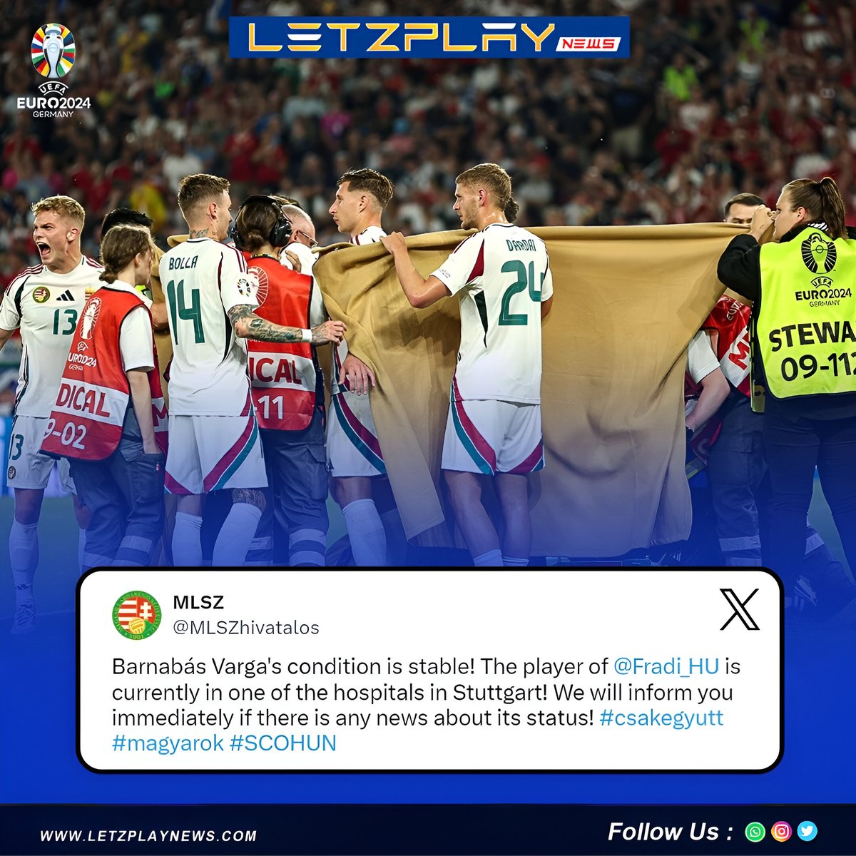 Letzplay_News's tweet photo. Hungary's Barnabas Varga is now conscious and in stable condition at the hospital! ππ
.
.
.
.
#BarnabasVarga #Euro2024 #SCOHUN #FootballNews #SoccerUpdates #PlayerRecovery #HungaryFootball #FootballFans https://t.co/N4afaOJ9QT