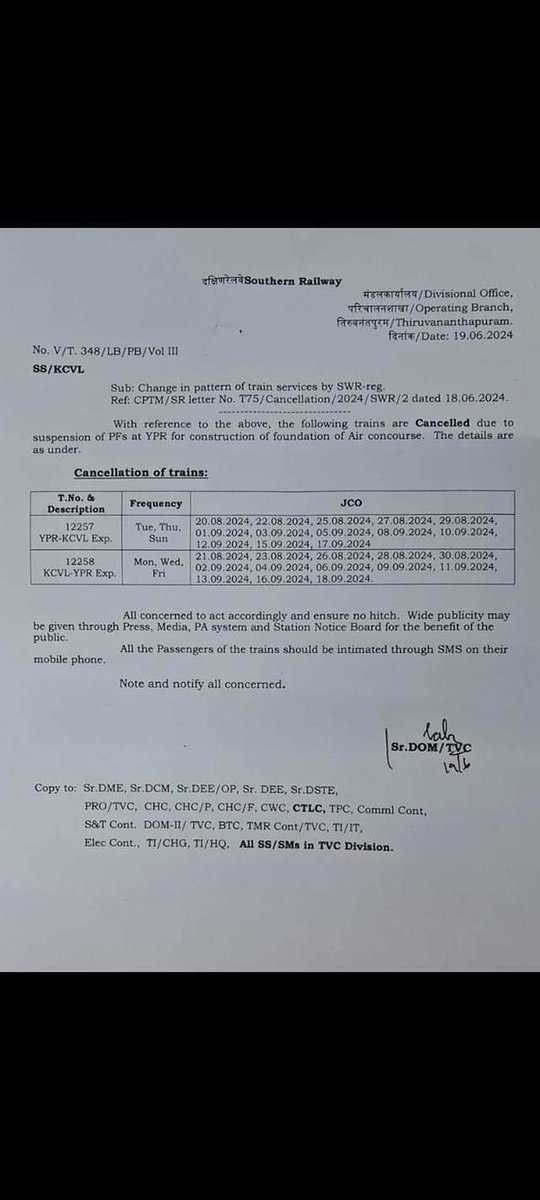 So <a href="/SWRRLY/">South Western Railway</a> decides to cancel 12257/8 during peak holidays, after having opened reservations for this train and allowing people plan their journeys. All this when they could temporarily shift the train to SMVT. <a href="/RailMinIndia/">Ministry of Railways</a> <a href="/AshwiniVaishnaw/">Ashwini Vaishnaw</a>