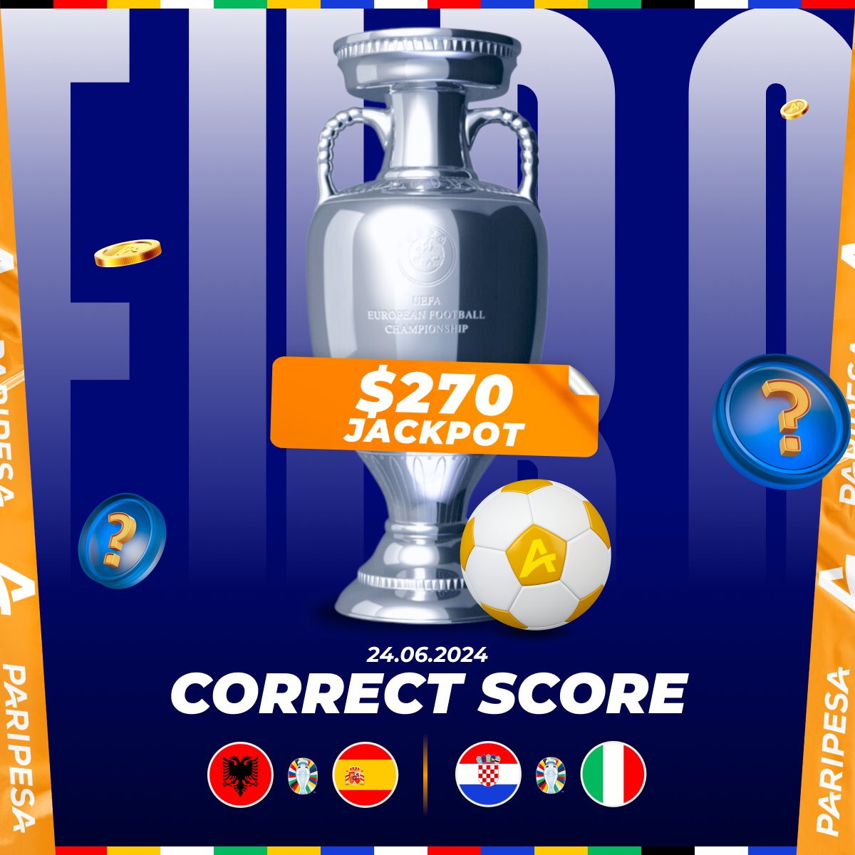 🔴PREDICT &amp; WIN🔴
#Albania vs #Spain
#Croatia vs #Italy

👇Rules👇
✔️FOLLOW, LIKE &amp; RETWEET this post
✔️Write PariPesa ID
JOIN➡️m.paripesa.bet/876eb1
🛡PREDICT Correct Score
💬Example: ID 12345678. 2-2, 2-1

⚠️This is a progressive jackpot, and if no one wins it today, there
