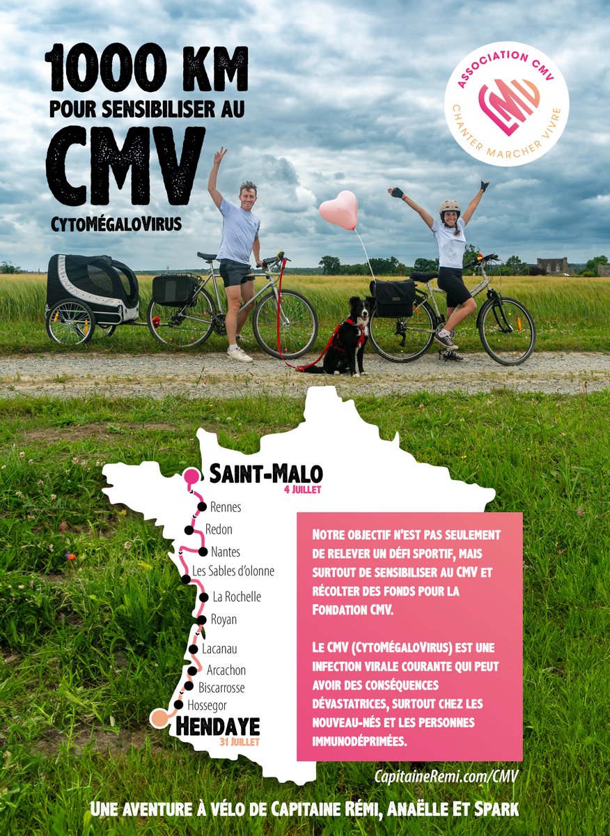 Avec ma chérie Anaëlle Tarot, nous nous lançons dans une aventure extraordinaire et pleine de sens : parcourir 1000 kilomètres à vélo pour sensibiliser au CMV (CytoMégaloVirus)
capitaineremi.com/CMV