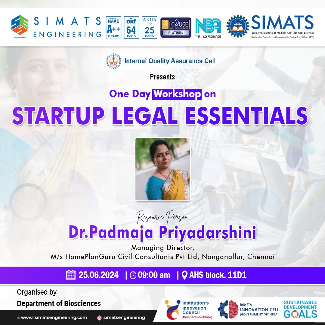 SIMATS_IIC's tweet photo. Department of Biosciences, Simats Engineering organizing a One Day Workshop on "Startup Legal Essentials" on 25 June 2024 #simats #saveethabreeze #mhrdinnovationcell #iic #startup #legalessentials https://t.co/1g0uCPFR0A