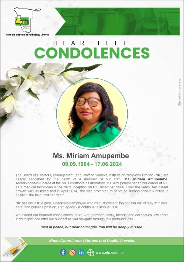 In the loving memory of our late colleague, Ms. Miriam Amupembe.

#HeartfeltCondolences
#NIPFamily
#WhereCommitmentMattersandQualityPrevails