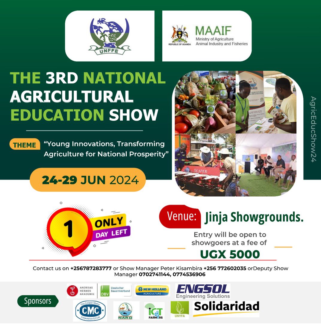 The 3rd National Agricultural Education starts today 
📍 Jinja Showgrounds.
Entry fee 5,000/=
Mujje  <a href="/unyfa1/">UNYFA</a>
<a href="/unffe/">Uganda National Farmers Federation</a> <a href="/narouganda/">NARO Uganda</a>  <a href="/UgandaAgritech/">Uganda Agritech International Expo</a> <a href="/MAAIF_Uganda/">MAAIF 🇺🇬</a>