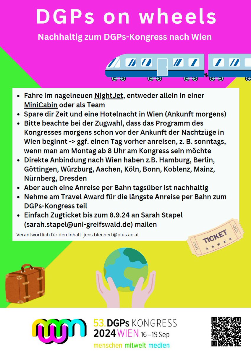 Noch unentschlossen wie du zum #dgpskongress 2024 kommen sollst? 🚎🚊✈️
Wien ist sehr gut mit der Bahn erreichbar (z.B. NightJet) - wieso also nicht #nachhaltig reisen? Außerdem gibt es einen Travel Award für die längste Anreise mit der Bahn🏆
dgps2024.univie.ac.at/location-trave…