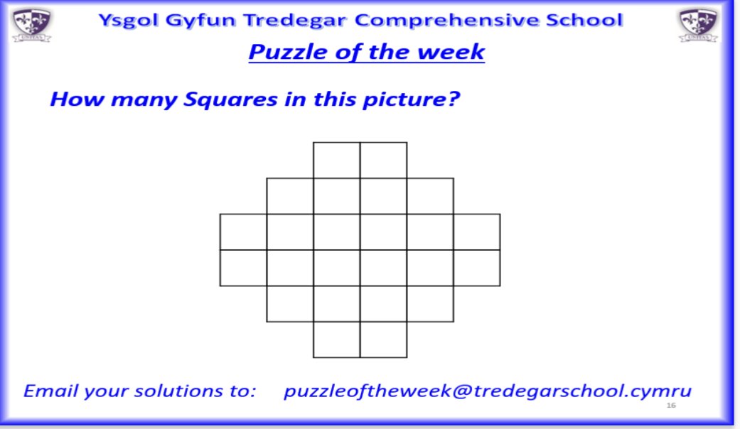 Bore Da YGTCS here is your puzzle of the week! 

You need to find all the squares in the image shown below to earn pride points AND a raffle ticket.

Please send your solutions to puzzleoftheweek@tredegarschool.cymru or bring paper solutions to Mr Vokes in J9.