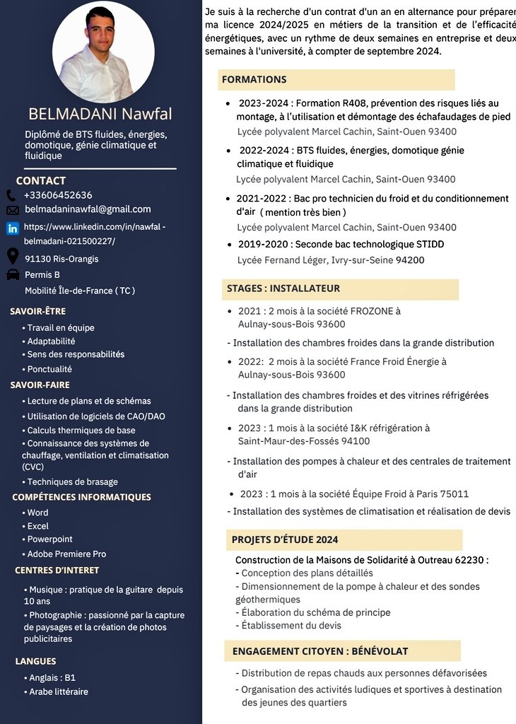 Nawfel recheche un contrat d'#apprentissage pour préparer sa licence 3 dans les métiers de la transition et de l'efficacité énergétique.
_ Mobilité : Île-de-France 
_ Disponibilité : septembre
_ Secteurs : énergies, fluides, bâtiments...
 
Svp ❤️🔄 ça ne coûte rien.