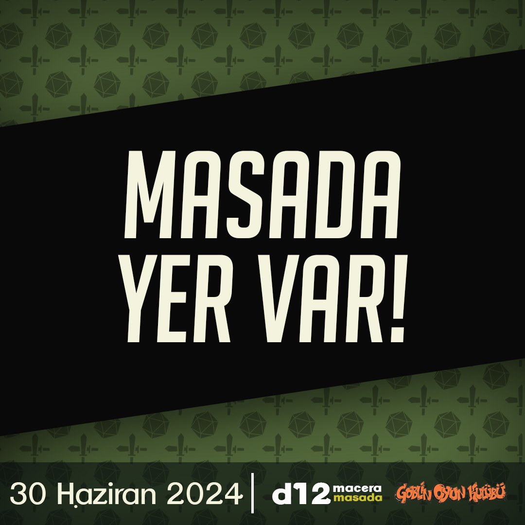 Masa sayımızı biraz arttırdık. 
Etkinlikte hala yerimiz var! 
Masalar ve kayıt olmak için: d12macera.com/d12masada
