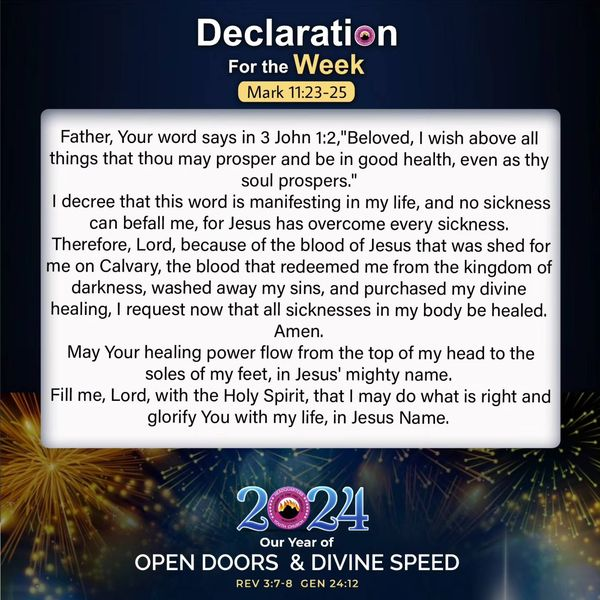 mfmintlhqyouth's tweet photo. Declaration For The Week (23/06 - 29/06) 2024

PLEASE DECLARE THIS EVERY MORNING BEFORE STEPPING OUT OF YOUR HOUSE THIS WEEK

#DeclarationForTheWeek
#MfmIntlHqYouth
#ThePlaceOfHisGreaterGlory https://t.co/Mr3ClEayCJ