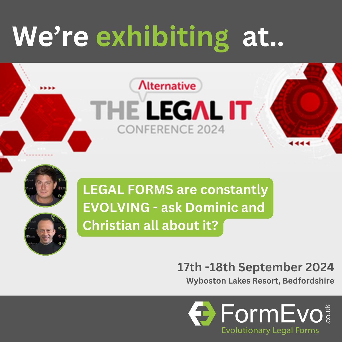 <a href="/FormEvo/">FormEvo</a>  are delighted to be exhibiting and will be on hand to speak to any #lawfirms looking to improve efficiencies &amp; manage risk. Our AWARD WINNING modern cloud based #legalforms has the ability to share #forms with clients and #eSign. #formevo #sdlt lnkd.in/gUt842mW