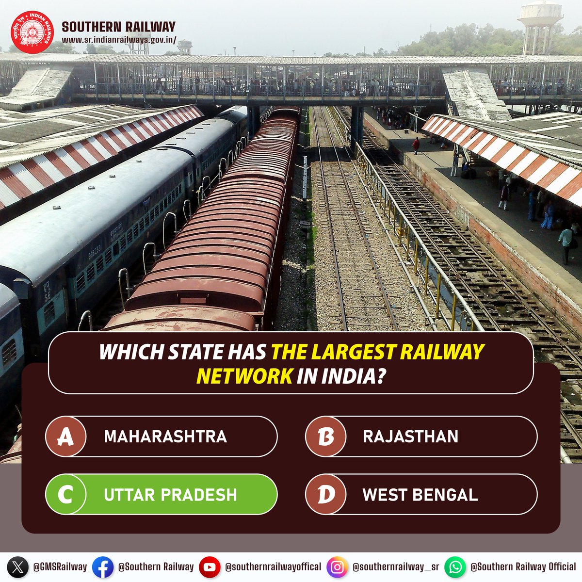 GMSRailway's tweet photo. Uttar Pradesh is the state that has the largest railway network in India.

#SouthernRailway #RailwayQuiz #TrainTrivia #IndianRailways #KnowledgeChallege #RailwayKnowledge #UttarPradesh #QuizTime https://t.co/P0kNK3nYfq