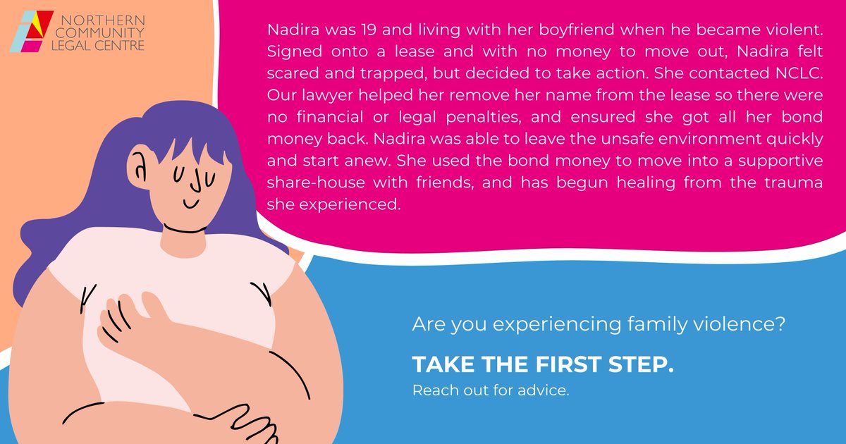 Nadira was experiencing family violence, but felt trapped because she was signed onto a lease with her partner. Regardless, she reached out for help. To read Nadira's story, and to learn more about tenancy rights, visit: northernclc.org.au/take-the-first…