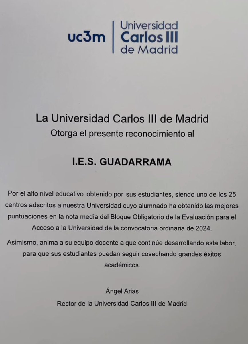 📣 La Universidad Carlos III reconoce el alto nivel educativo del IES Guadarrama, siendo uno de los 25 centros adscritos cuyo alumnado ha obtenido las mejores notas medias del bloque obligatorio.

¡¡Enhorabuena a alumnos, profesores y familias por el trabajo y esfuerzo!! 👏👏👏