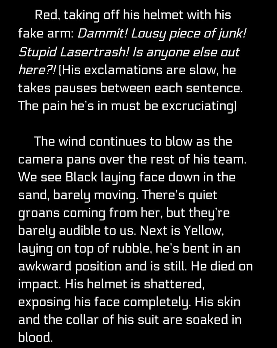 Gor3BrainZ's tweet photo. Sorry it’s so late but here it is! The script of the Niji 6 dying in the wasteland. I wasn’t sure how to showcase everyone so only Blue and Red actually have dialog.
Tw for semi graphic description of corpses/gore
1/2
#captainlaserhawk #fanscript #clhtwt #Niji6 #rayman https://t.co/8dOx6F6c6w