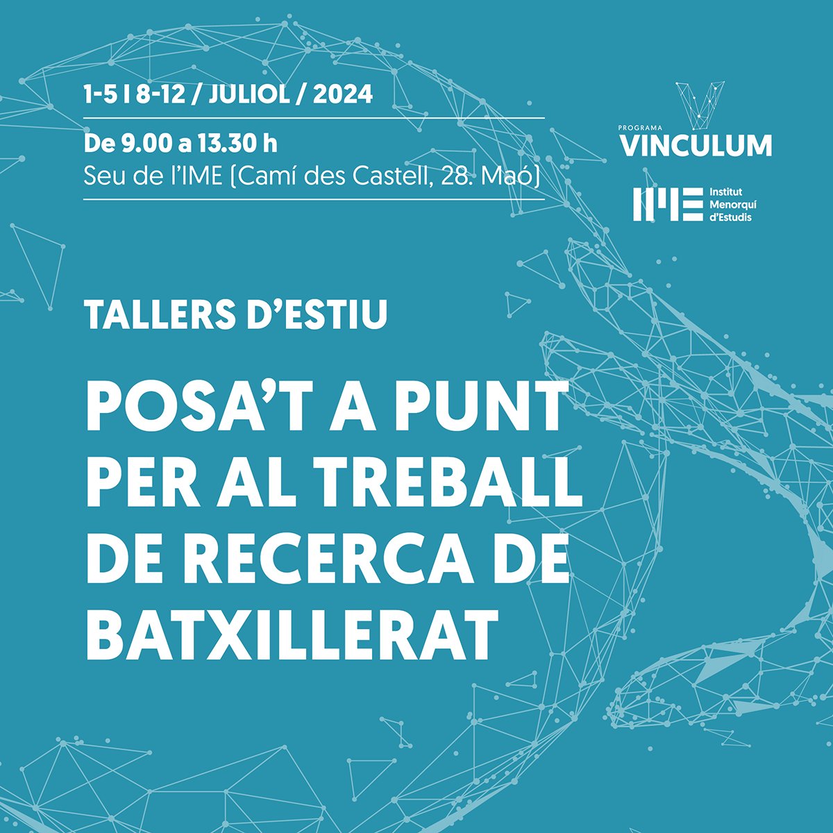 IMEMenorca's tweet image. Darrers dies per inscriure&apos;s a la segona edició dels tallers d’estiu Vinculum fins al dia 28 de juny.

Més informació aquí: 

ime.cat/WebEditor/Pagi…